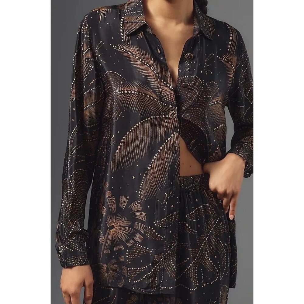 Farm Rio Medium Golden Foliage Black Bottom Up  Long Sleeve Pajama Top NEW